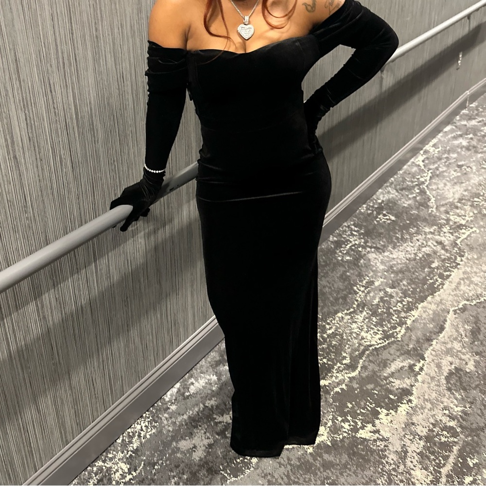 Black velvet formal gown with gloves